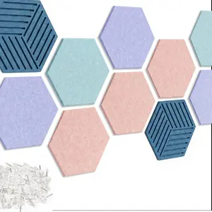 10-Pack Felt Bulletin Board Tiles with 30 Pushpins & 50 Adhesive Tabs – Hexagon Cork Board Alternative for Wall Decor, Coastal Haze