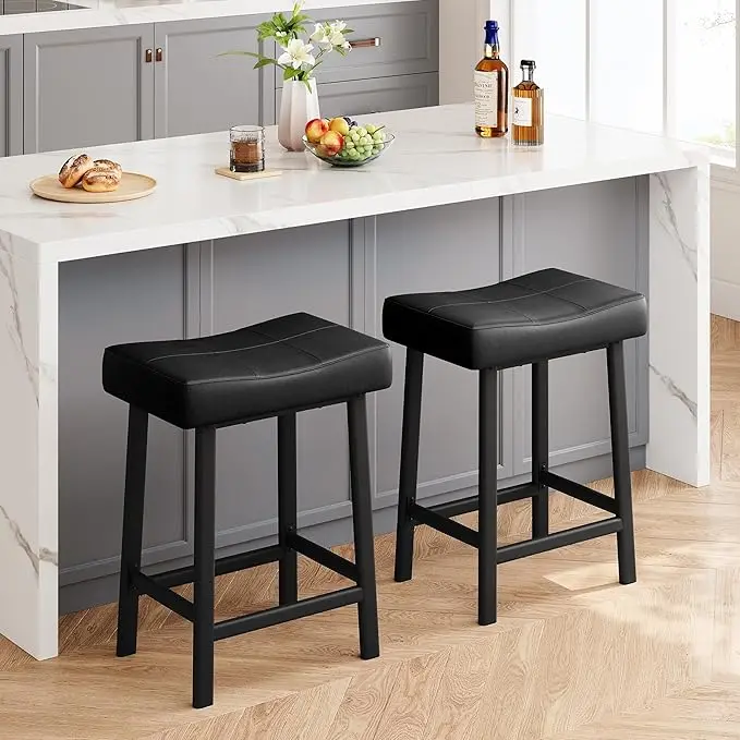 24" Counter Height Barstools Set of 2 - Modern Upholstered Curved Surface PU Leather Backless Saddle Stools, Sturdy Metal Chairs, 2 Seat Home Bar Furniture for Kitchen Counter, Vanity Use