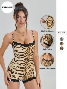 Women's Abstract Tiger Print Thin Strap Lace Trim Soft Playsuit, Minimalist Stretch Sleeveless Shapewear, Sport & Outdoor Clothing, Lace Body Suit