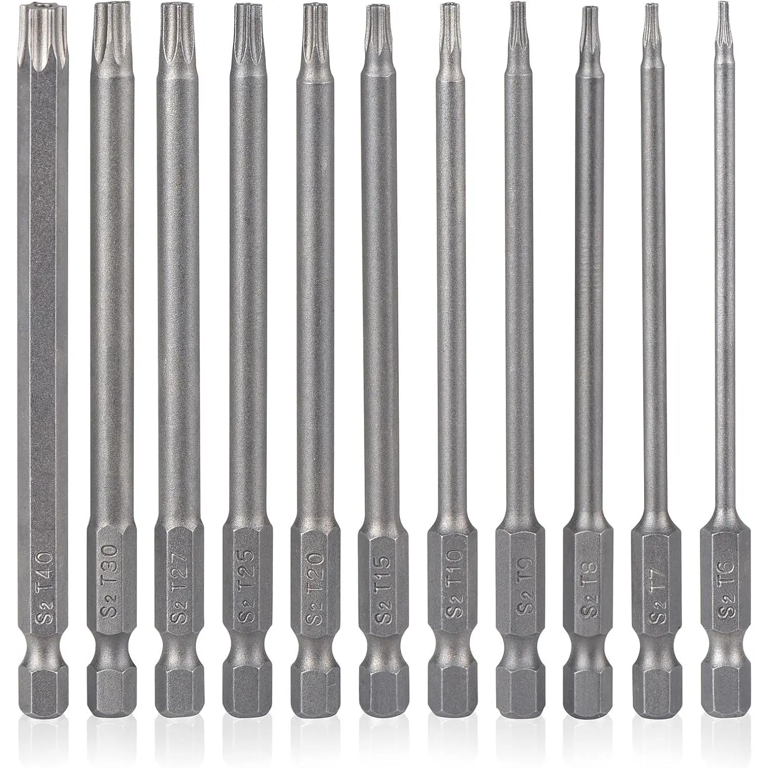 Torx Bit Set 11 count 4 Inch long  Tamper Proof Star Bit Set S2 Steel 1/4" Hex Shank T6-T40  Impact Driver Drill Bits