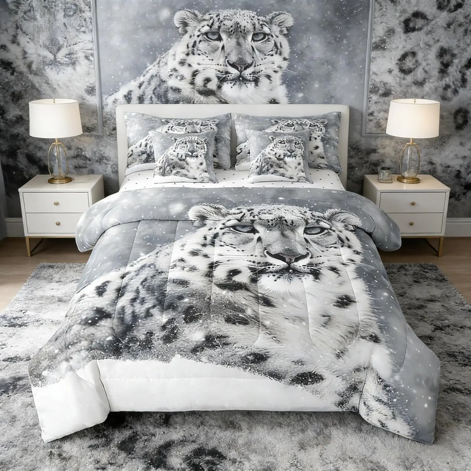 Snow Leopard Comforter Set 7 Piece,Cheetah Wild Animal Print Natural Reversible Quilt Set,Winter Season White Snowflake Bedding Set with Comforter,Sheet,Pillowcase