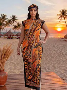 Women's Leopard Print Wrap Shawl Set, Elegant Slim Fit Long Dress Cover-Up & Silk Scarf, Beach Sun Protection, All Seasons
