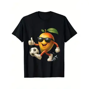 Men's funny mango playing soccer Graphic T-Shirt - Short Sleeve Crew Neck Regular Fit Casual Wear | Soft & Breathable Fabric, Durable Print, Everyday Comfort, Machine Washable, cartoon and playful a cheerful mango character wearing sunglasses, giving a
