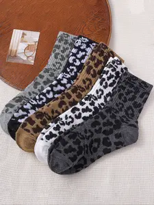 Women's Leopard Print Casual Mid-Calf Socks, Soft Comfortable Cotton Socks, Fashionable Daily Wear for Fall Winter Socks Set