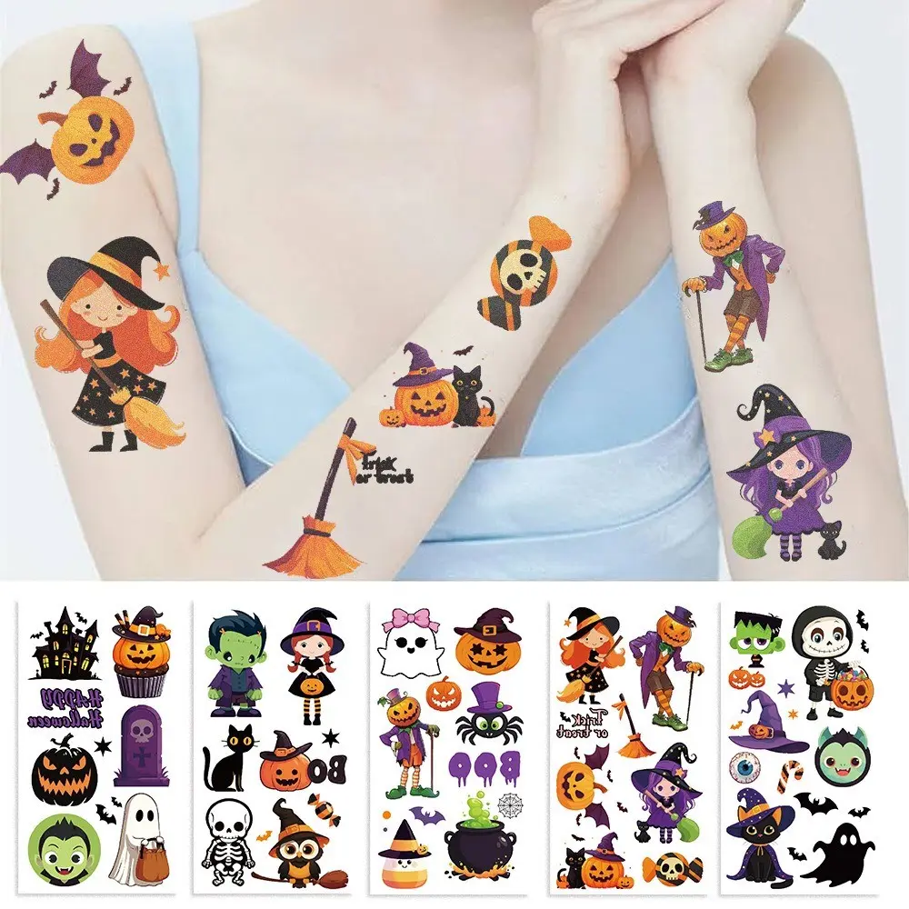 Cartoon Halloween Temporary Tattoo Stickers Pumpkin Head for Boys Girls, Festival Party Children Tattoos, Flat Design