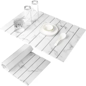 Large Stone Dish Drying Mats for Kitchen Counter 24"(L)x16"(W) Foldable Quick Dry Stone Dish Drying Mats Kitchen Absorbent Diatomaceous Earth Drying Stone Mat for Dishes Bottles Cups Marble White