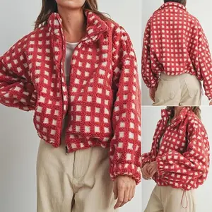 Women's fuzzy checkered jacket, long sleeved stand up collar zipper jacket, winter warm jacket, women's daily clothing