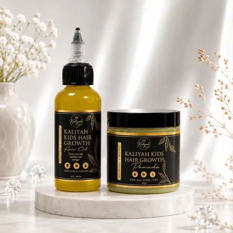 Kaliyah Kids Haircare Cosmetic Bundle Set - 2 oz Hair Growth Oil, 4 oz Pomade, Natural Oils Daily Moisturizer Serum for Smooth, Fluffy Hair