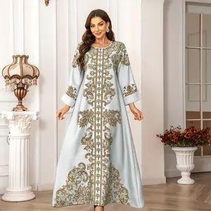 Elegant Floral Print Long Sleeve Abaya Dress - Middle East Style Women’s Kaftan with Lace Detail, Lightweight Polyester, Full-Length Maxi Jellabiya for All Seasons
