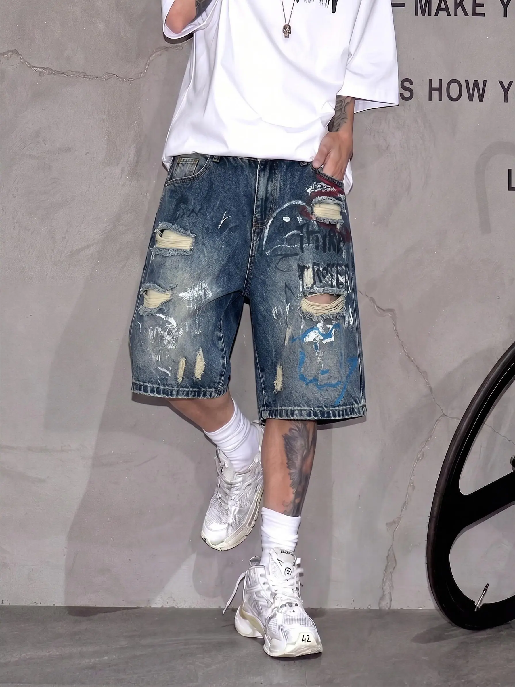 Men's Baggy Distressed Denim Jorts Graffiti, Ripped Paint Splatter, Retro Y2K Streetwear Wide Leg Skater Shorts for Summer Vintage Blue Outfits,loose denim short,mens jorts,men s jeanshorts