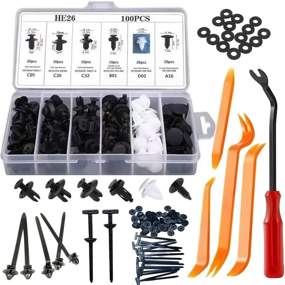 [Car Bumper Clips Kit] 100pcs Car Bumper Push Retainer Clips 6 Type Nylon Fasteners Rivet Replacement Kit With 5 Fastener Removers Included 5pcs Nylon Universal Cable Tie Buckle and 20 gaskets（130pc/set）