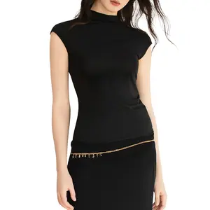 Women's Mock Turtle Neck Tank Tops Slim Fitted Cap Sleeve Stretchy Basic Casual Top Summer Outfits Modern Black