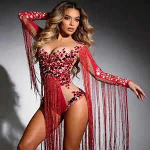 Women's Luxury Red Sparkly Rhinestone Long Tassel Bodysuit - Sheer Mesh Long Sleeve Cutout Bodycon Jumpsuit, Cotton Festival Costumes for Stage Dance Performance, Stylish Women's Clothes for 2026 Parties
