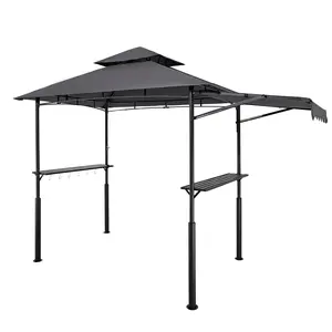 VEVOR Grill Gazebo, 8 x 5 ft Double-Tiered Top, Reinforced BBQ Gazebo with Extra Awning, Powder-Coated Steel Patio Grill Shelter with 2 Side Shelves & Hooks, Outdoor Grilling Canopy for Garden