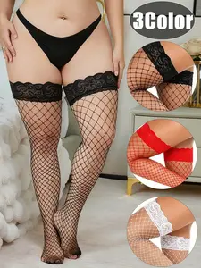 Plus Size Women's Sexy Thigh High Socks, Lace Hollow Out Fishnet Stockings, Fashionable Holiday Accessories, Underwear, Lingerie, Ideal for Halloween & Christmas, Womenswear