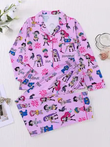 Women's K-Pop Hunter Girl Group Printed Pajama Set, Long Sleeve Top & Pants, All Seasons Casual Fitted Homewear