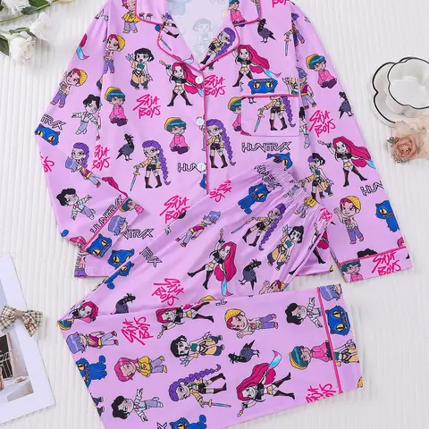 Women's 2-piece pajama set with K-pop girl group print. Long sleeve lapel button-front top with pocket, matching elastic waist long pants. Soft comfy fabric, all-season casual loungewear, perfect for daily home wear