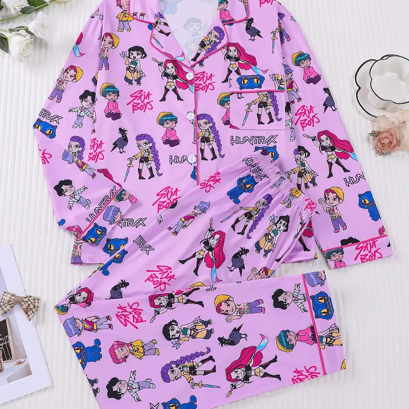 Women's 2-piece pajama set with K-pop girl group print. Long sleeve lapel button-front top with pocket, matching elastic waist long pants. Soft comfy fabric, all-season casual loungewear, perfect for daily home wear
