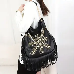 Trendy Punk Rivet Shoulder Hobo Bag - Stylish Fringed, Vintage Tassel, Crossbody Design with Adjustable Strap - Perfect for Travel, Work, School, and Daily Life