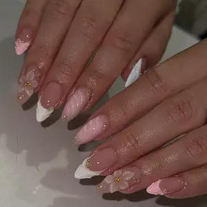 24pcs Long Almond / French Manicure, 3D Drip Glue Flowers Gold Beads, Glossy Nail Tips, Perfect Fit False Nails Set