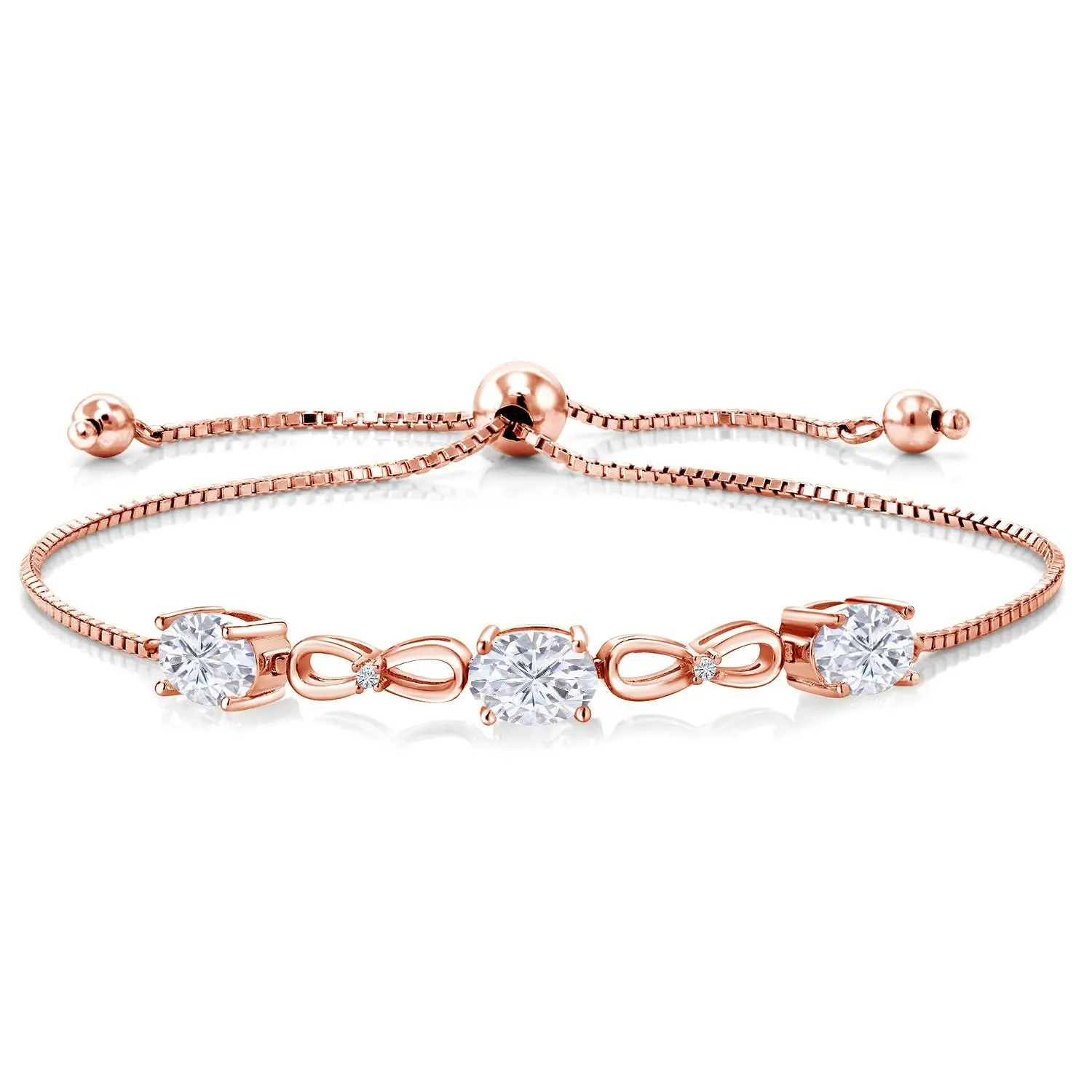 Infinity 3-Stone Bracelet for Women with Gemstone Birthstone and White Moissanite Accents | 18K Rose Gold Plated Silver | Oval 7X5MM and Round 1.3MM | Fully Adjustable to 9 Inch