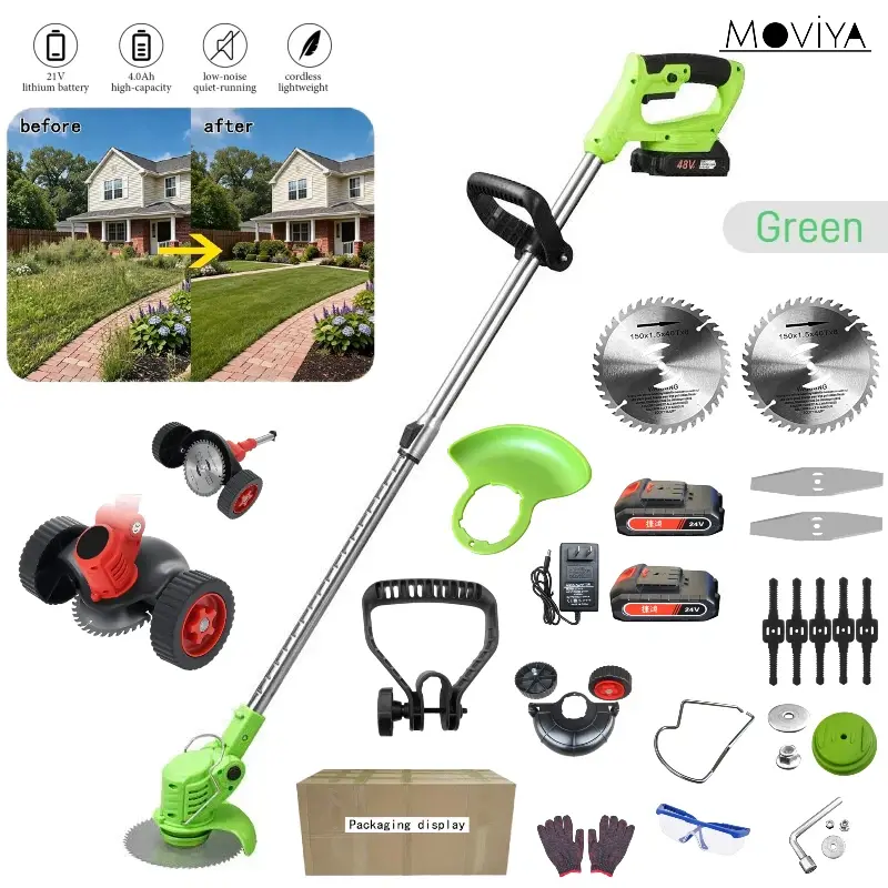 24V Cordless Electric Grass Trimmer & Edger Set (2 Batteries Included) - Lightweight Wheeled Design, Adjustable Shaft, Ideal for Small Gardens & Tight Spaces