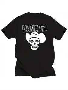 Plus Size Men's Oversized T-Shirt, Skull Cowboy Hat Pattern Print - Black Casual Short Sleeve Crew Neck T-Shirt, Soft Breathable Fabric, Edgy Street Style