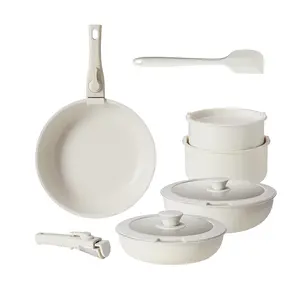 12pcs Non-Stick Cookware Set, Pots and Pans Set, with Spatula & Detachable Handle for Kitchen, Beige Frying Lids Shaped