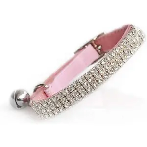 Soft Veet Safe Cat Adjustable Collar Bling Diamante with Bells,11 inch for Small Dogs and Cats (Pink)