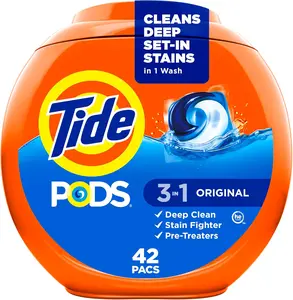 Tie PODS laundry detergent pacs, 3-in-1 Stain Remover, Odor Fighter, Color Protector, 42 Count, HE compatible, Original Scent