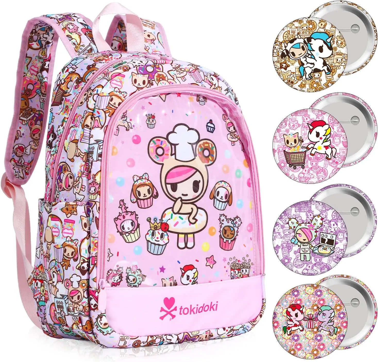 Tokidoki Unicorno Backpack with 4pcs Brooch, Clear Backpacks with Multiple Pockets, Cute PVC Backpacks Large Carry on Backpack College Bookbag Casual Daypack for Travel Outdoor Sports（Sweetshop）