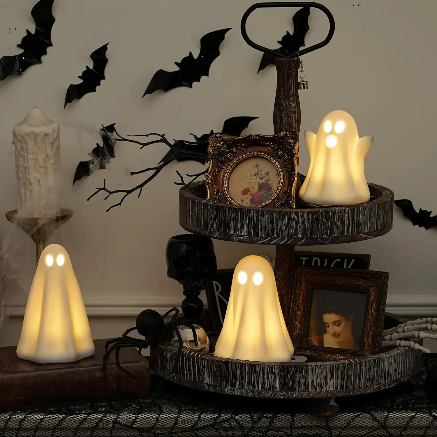 Illuminate Your Space with These Halloween Ghost Decorations, Featuring a Set of Three Ceramic Ghost Figurines.These Charming White Ghost Statues Make for Delightful Spooky Decor, Perfect for Your Table, Tiered Tray, Or Fireplace