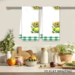 2PC  Green Polka Dot Teapot with Sunflowers Swedish Dishcloth, Checkered Border Reusable Absorbent Cellulose Sponge Wipe, Kitchen Cleaning Cloth