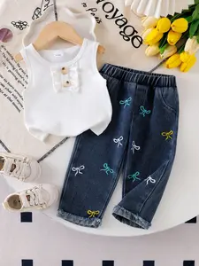 Infant Girls' New Simple Style 2-Piece Set, Lace Button Sleeveless Tank Top and Multi-Color Bow Embroidered Jeans Pants Set