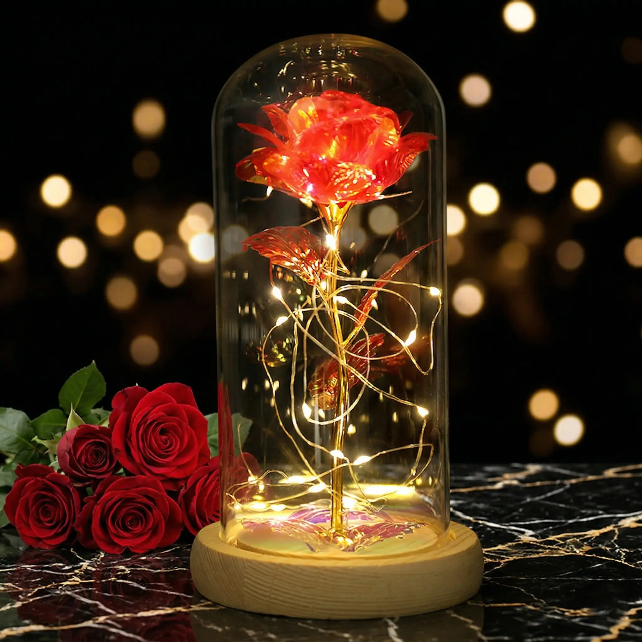 Father's Day Gift for Mom - Forever Galaxy Rose in Glass Dome, LED Night Light Present Glowing Bear-Shaped,summerwins