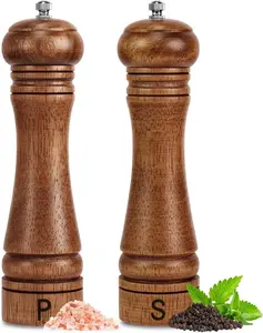 8” Wooden Salt & Pepper Grinder Set  Adjustable Coarseness Refillable Mills | Solid Oak Wood with Ceramic Core | Kitchen Essentials 2-Pack| 2.2"W x 8"H