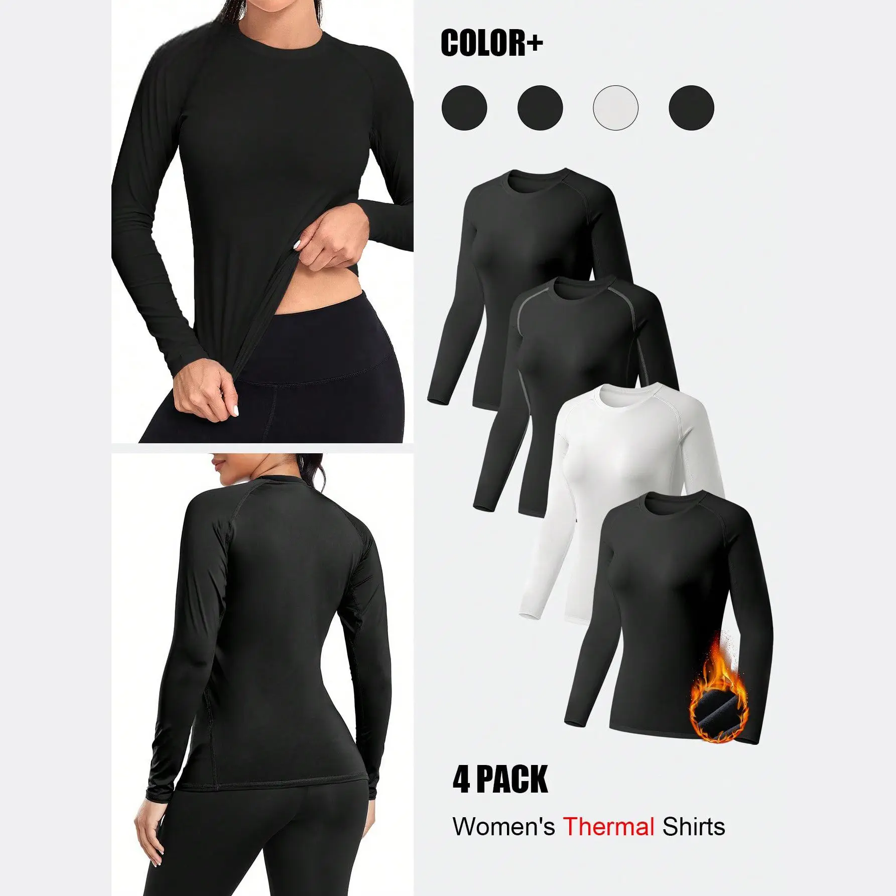 4 Pack Women's Long Sleeve T Shirts Compression Workout Tops Thermal Shirts Fleece Lined Tops Long Sleeve Compression Workout Baselayer For Skiing Gym Outdoor Sports Athletic Fitted Breathable Casual Activewear backtoschool