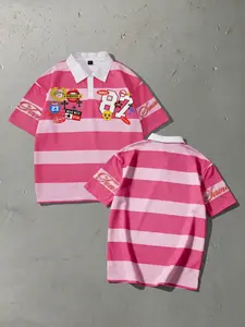 Men's "82 Saint" Badge Print Pink Striped Polo Shirt, 100% Polyester, Wrinkle-Resistant & Breathable, Oversized Streetwear Jersey, Ideal for Casual Wear & Y2K Preppy Style