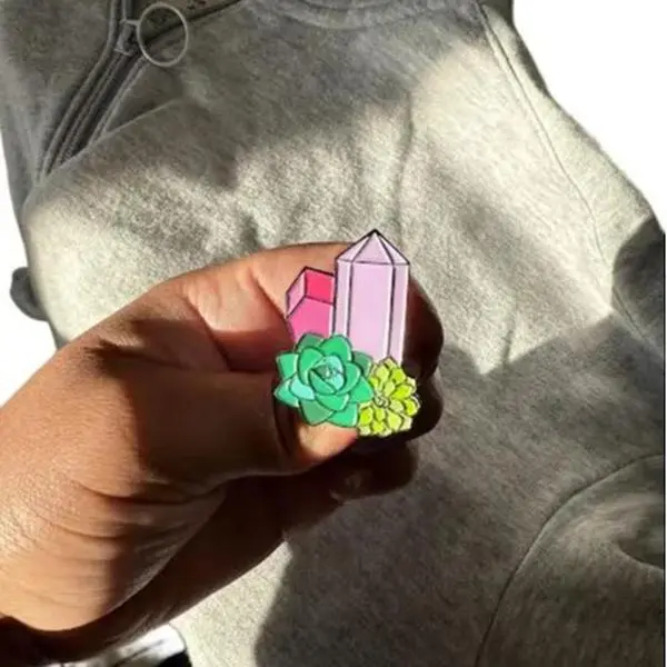 Purple & Pink Crystal Tower Enamel Pin Witchy Crystal Jewelry Cottagecore Gift with Succulent Accents Metal Coating