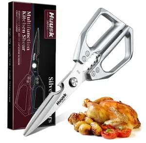 HUUSK Kitchen Scissors All Purpose - Stainless Steel Kitchen Shear, Sharp Silver Meat Scissors Dishwasher Safe, Heavy Duty Poultry Shears, Japanese Cooking Scissor for Food, Christmas Gifts for Women