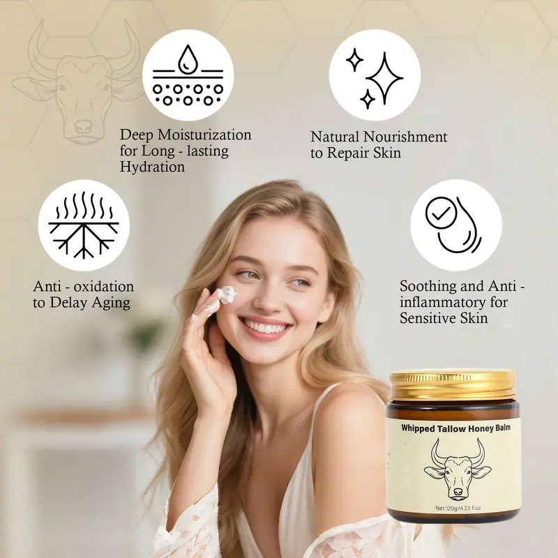 Lopeie Whipped Grass-Fed Beef Tallow Honey Balm - 4 Oz,Moisturizing Cream for Soft, Smooth Skin - Handmade All-Natural Moisturizer - Lavender 1