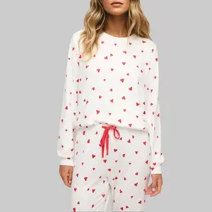 Dear-Lover Women's 2-Piece Soft Long-Sleeve Pajama Set - Red Tiny Hearts Printed Breathable Top, Adjustable Pull-String Pant, Valentine's Day Casual, Full-Length, Girly Pull-String Loungewear Set, Casual Loungewear Sets, Full-Length Loungewear Sets