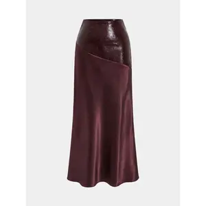 Faux Leather Panel Asymmetric Satin Maxi Skirt