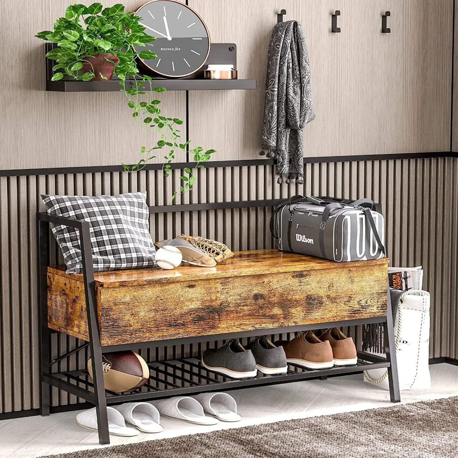 IRONCK Storage Bench with Lift Top Box, Entryway Shoe Bench with Shoe Rack, Entry Bench Shoe Organizer for Entryway