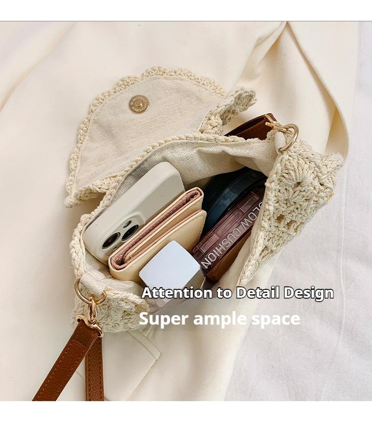 Lace-trimmed crossbody cotton woven bag, openwork straw shoulder bag, vacation-style beach bag, versatile women's bag.
