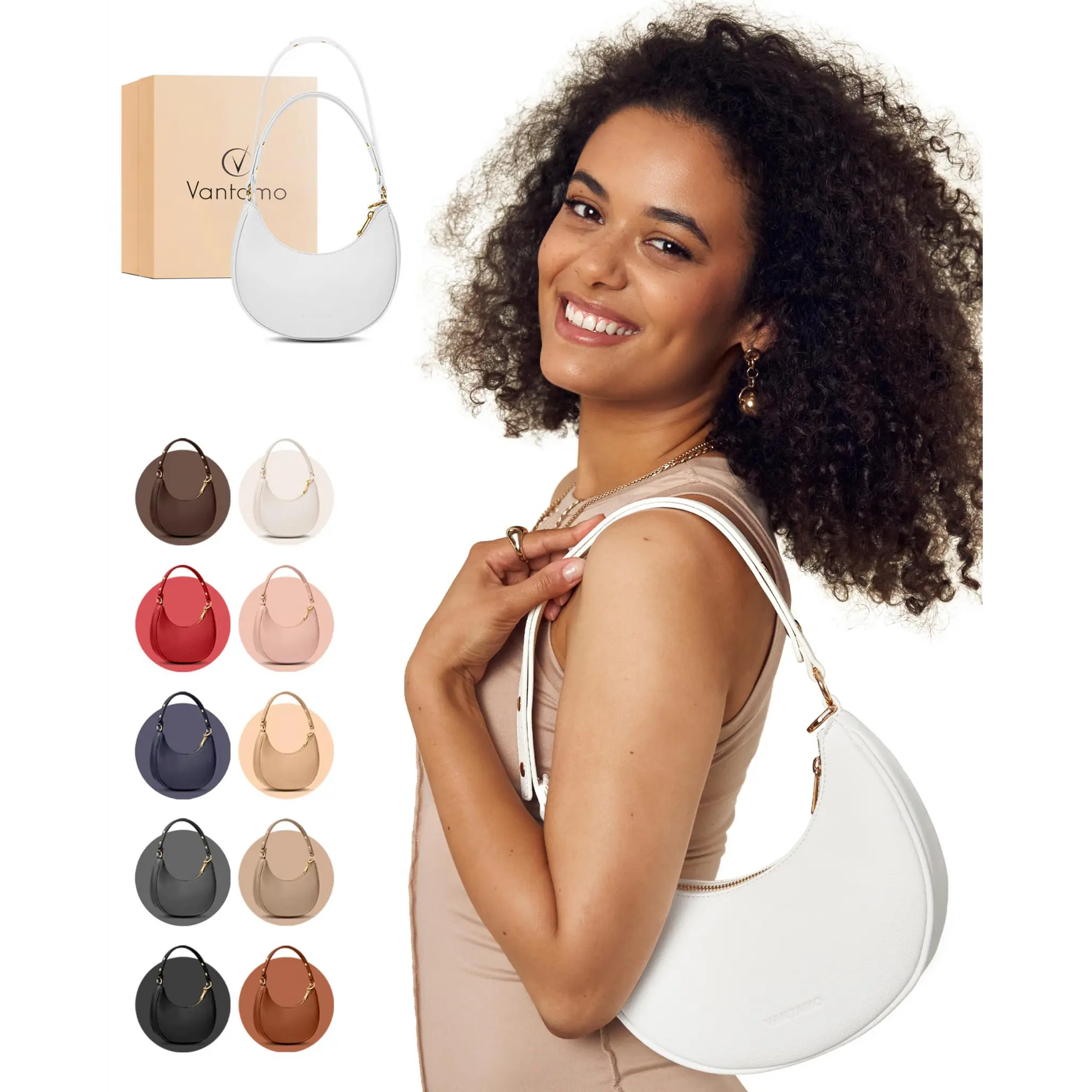 Half Moon Clutch Bag for Women - Faux Leather Crescent Bag with Anti Theft RFID Protection & Adjustable Shoulder Strap - Luna Bag with Gold Zippers & Anti Pickpocket Clip - Everyday Moon Shaped Purse