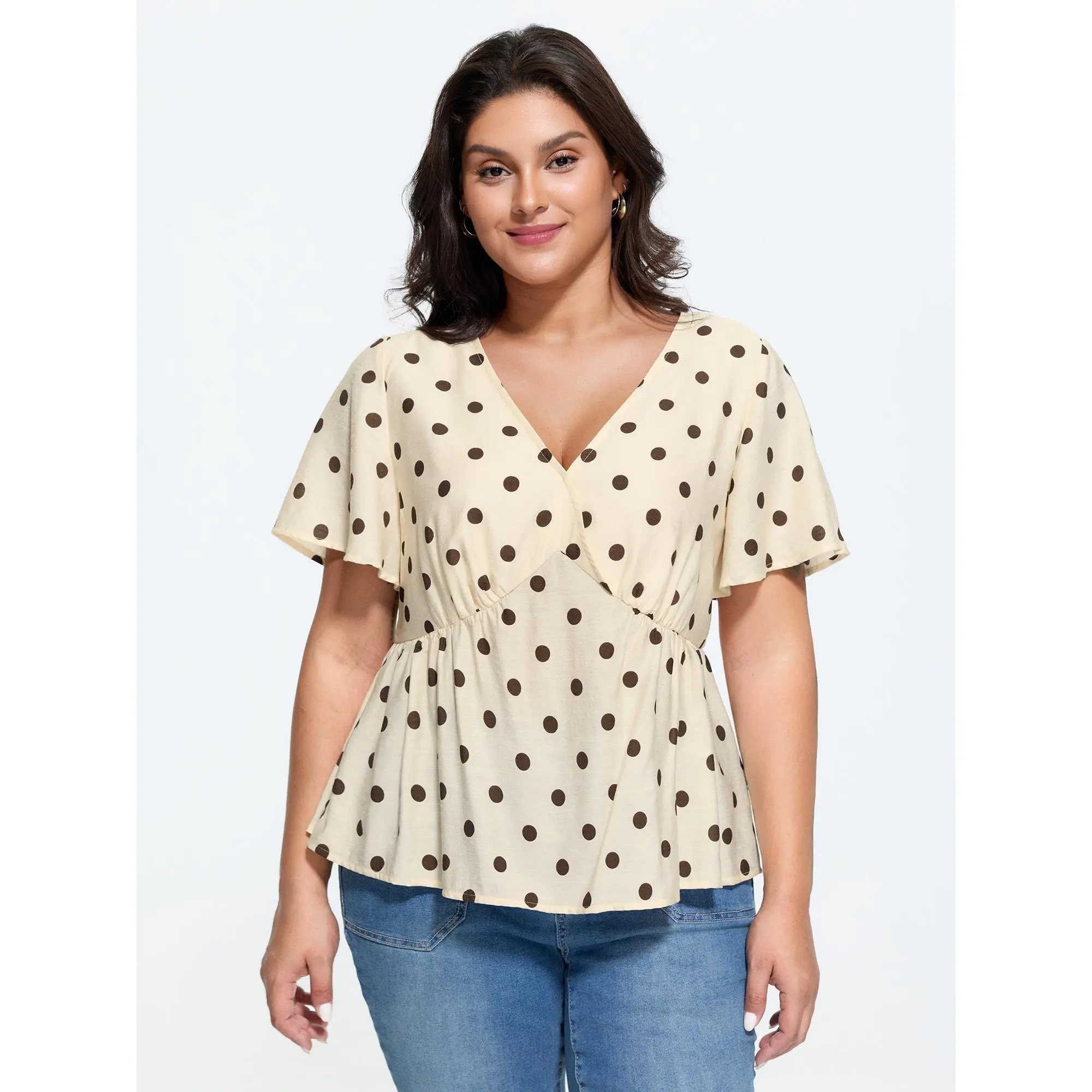 BloomChic Women's Plus Size Polka Dot V-Neck Blouse, Ruffle Short Sleeve Cropped Leisure Top in Soft Nylon Fabric for Summer,back to school,back to school shopping