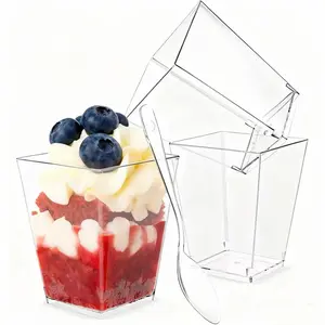 50 Pack 5 oz Square Mini Dessert Cups with Spoons  Plastic Reusable Party Cups for Yogurt Parfait Cheesecake Pudding Jello Appetizers