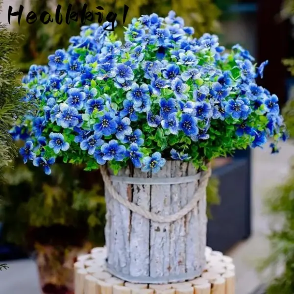 8-Bundle Artificial Flower Set in Blue, Realistic Silk Decorative Plants, UV Resistant with Bendable Stems for Outdoor Garden or Indoor Room Decor