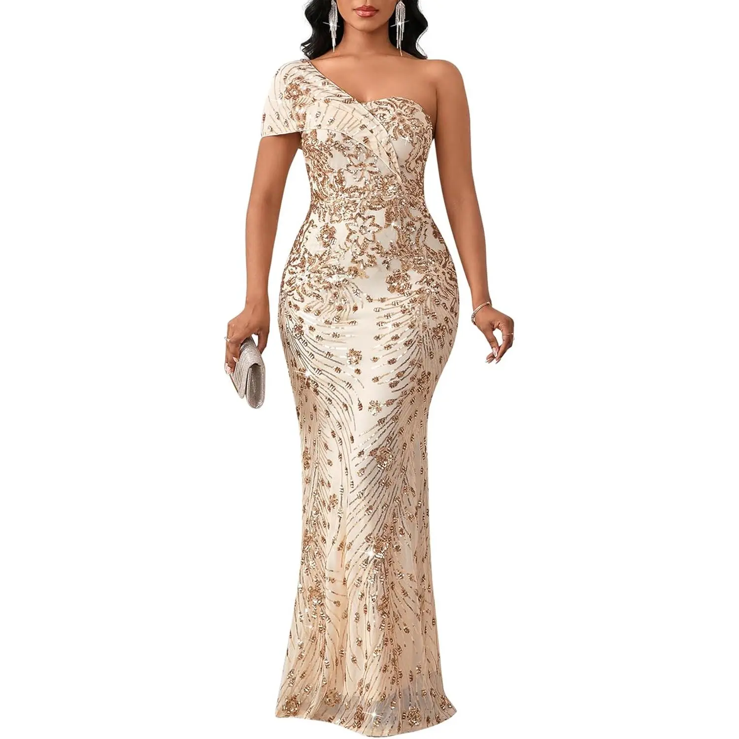 Cololura Women Sexy Sequin One Shoulder Mermaid Formal Party Cocktail Gowns Bodycon Evening Maxi Dress